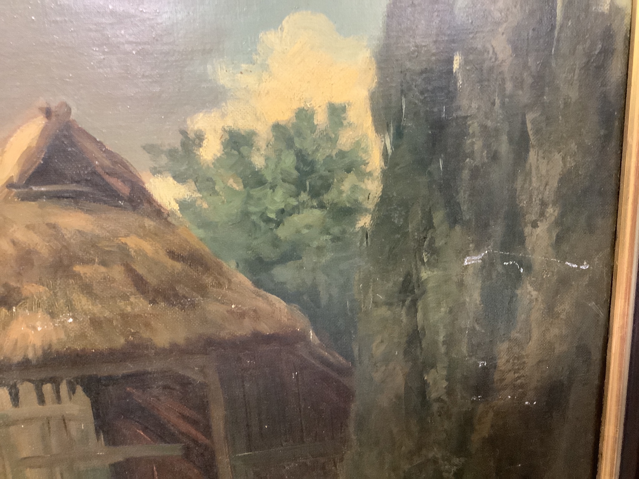 Ahrens (Canadian School), oil on canvas, Landscape with thatched barn, signed, 70 x 100cm